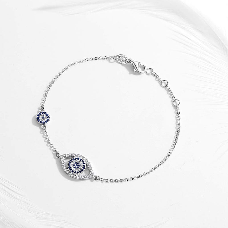 Kaletine Blue Evil Eyes Link Bracelet Sterling Silver 925 Cubic Zirconia Chain Adjustable 6.7" 7" 7.5"(Rhodium) - Image 3